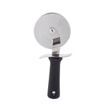 A stainless steel pizza cutter with a round, sharp blade and a black ergonomic handle. The textured, non-slip grip and built-in blade guard ensure safety. The tool is shown standing upright against a white background.