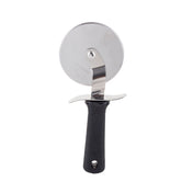 A stainless steel pizza cutter with a round, sharp blade and a black ergonomic handle. The textured, non-slip grip and built-in blade guard ensure safety. The tool is shown standing upright against a white background.