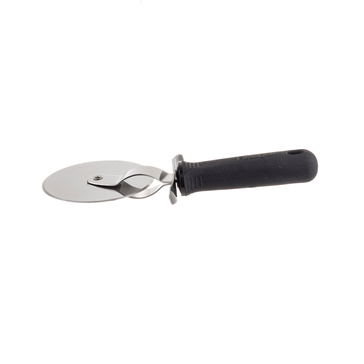 A metal pizza cutter with a round, sharp stainless steel blade and a black, textured ergonomic handle is shown on a white background. The blade is attached to the handle with a metal arm and a central screw.