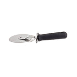 A metal pizza cutter with a round, sharp stainless steel blade and a black, textured ergonomic handle is shown on a white background. The blade is attached to the handle with a metal arm and a central screw.