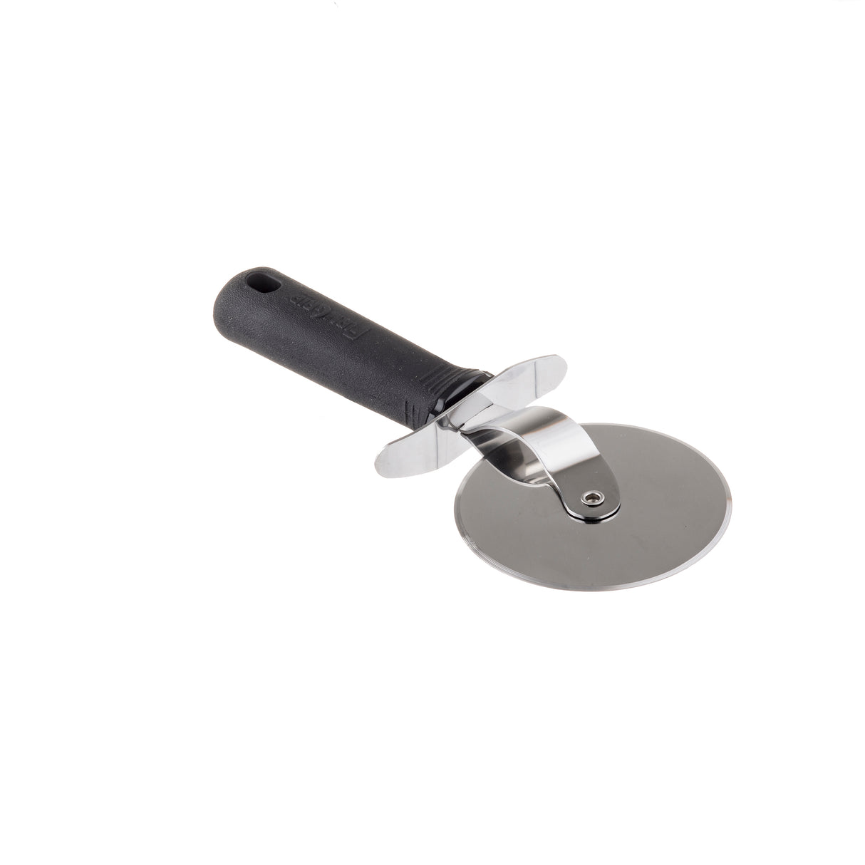 A stainless steel pizza cutter with a circular blade and an ergonomic handle is shown against a white background. A small metal guard between the blade and handle ensures safety while slicing your favorite pizza.
