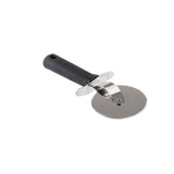 A stainless steel pizza cutter with a circular blade and an ergonomic handle is shown against a white background. A small metal guard between the blade and handle ensures safety while slicing your favorite pizza.