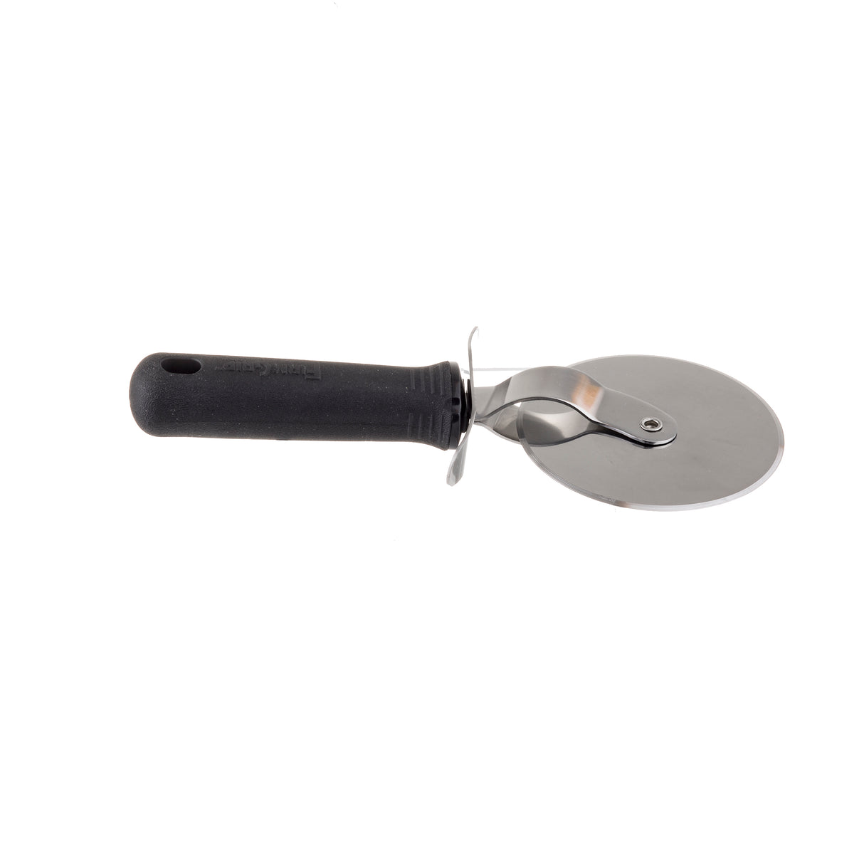 A metal pizza cutter with a round, sharp stainless steel blade and an ergonomic black plastic handle, shown in profile against a white background. The handle features a hole at the end for hanging.