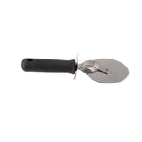 A metal pizza cutter with a round, sharp stainless steel blade and an ergonomic black plastic handle, shown in profile against a white background. The handle features a hole at the end for hanging.
