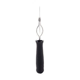 A black ergonomic handle kitchen tool with a stainless steel wire loop blade, designed for peeling or coring, is shown standing upright on a white background.