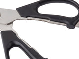 Close-up of black-handled kitchen shears with stainless steel blades featuring a serrated section near the hinge, ideal for tasks like opening bottles or cracking nuts. The ergonomic handle and white background highlight the scissors’ details.