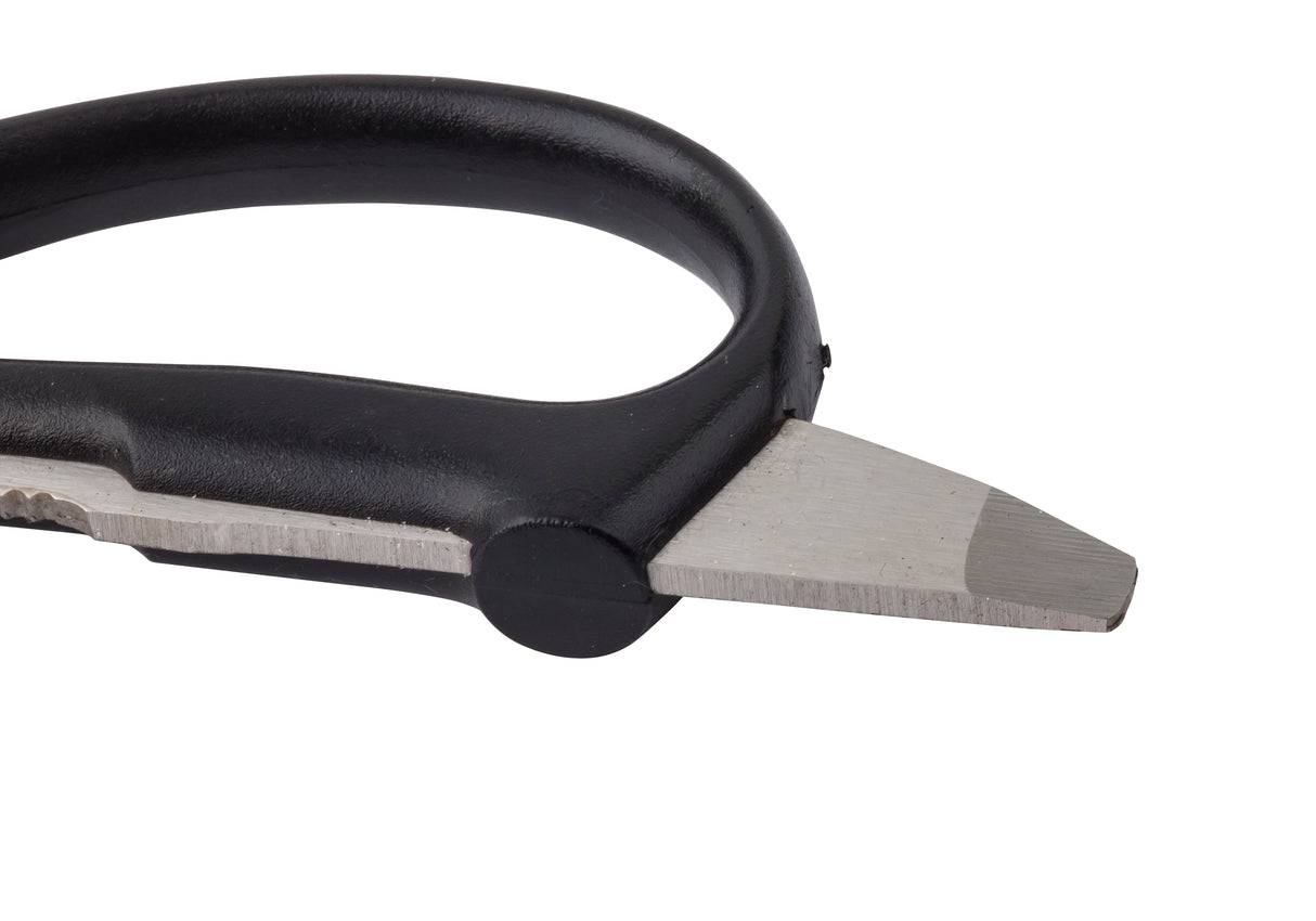 Close-up of a pair of black-handled wire cutters with sharp, angled stainless steel blades against a white background. The tool is partially open, showing the cutting edge and the ergonomic handle design.