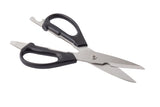 A pair of Kitchen shears with stainless steel blades and an ergonomic handle, shown open on a white background. One handle features a built-in bottle opener, and there’s a serrated edge near the bolt for gripping items.