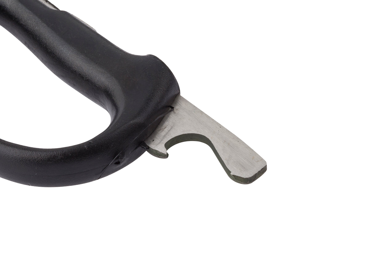 Close-up of a can opener with an ergonomic black plastic handle and a curved, sharp stainless steel blade designed for puncturing and cutting open cans, isolated on a white background.
