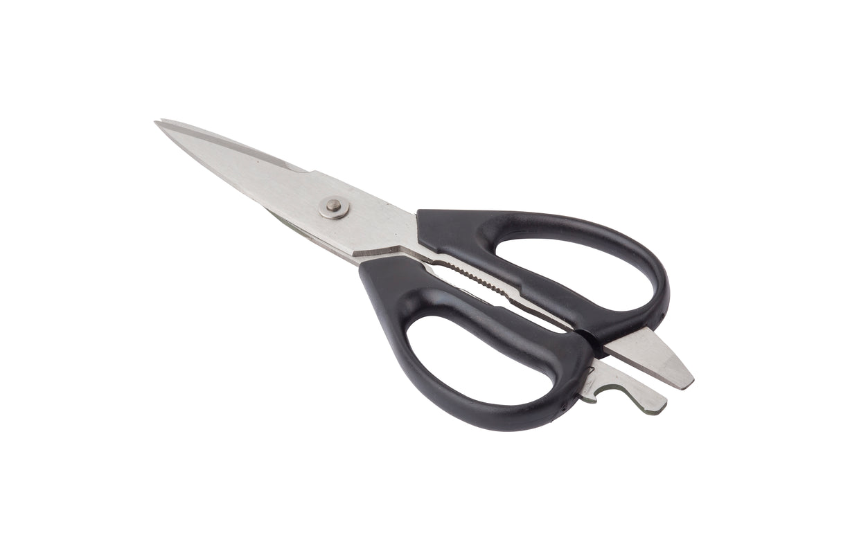 A pair of stainless steel kitchen shears with an ergonomic handle, angled slightly to the left. The shears include a built-in bottle opener and nutcracker feature within the handles. The background is plain white.