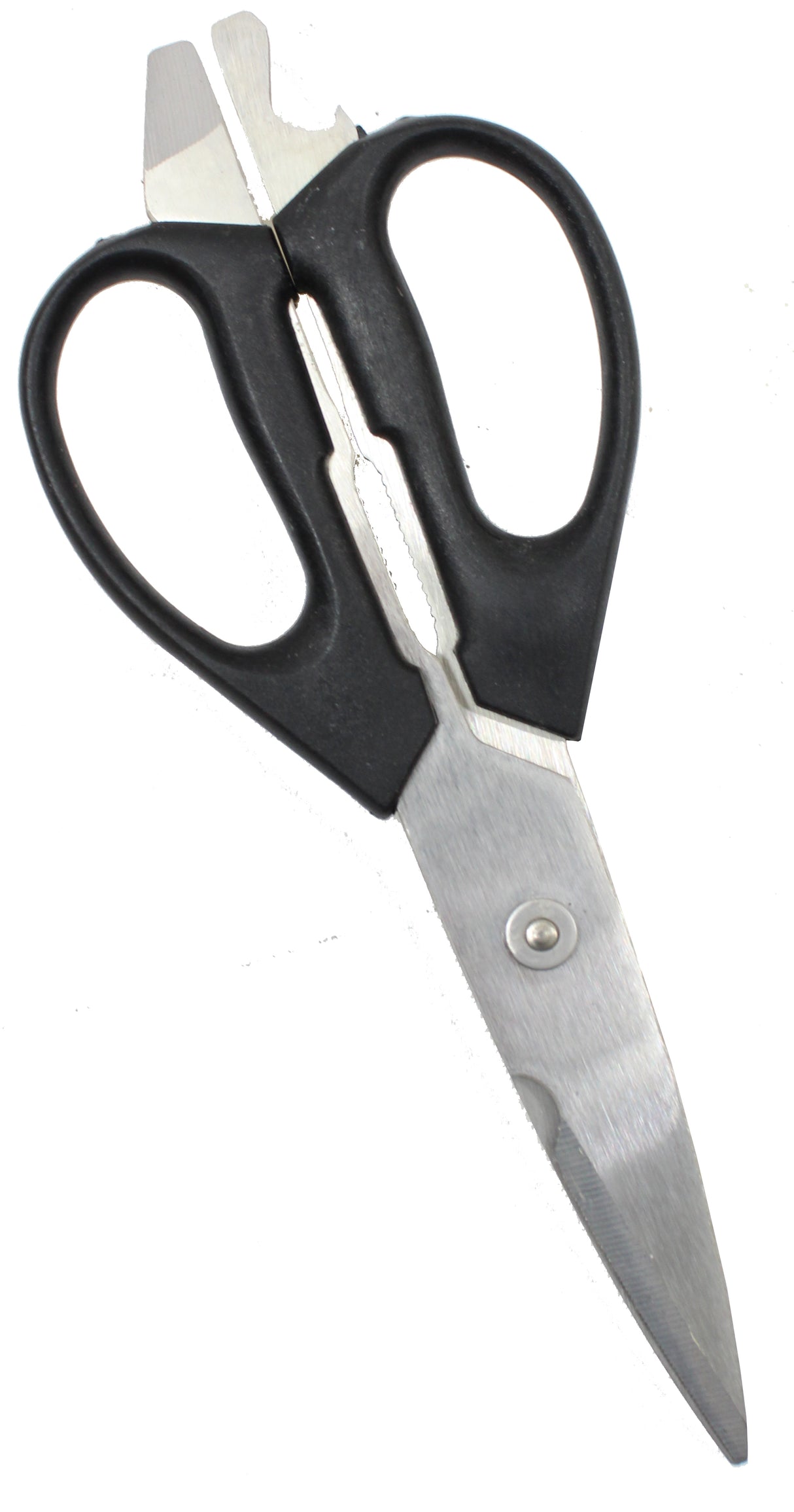 A pair of versatile kitchen shears with ergonomic handles and stainless steel blades. These multi-purpose shears also feature a convenient bottle opener and nutcracker integrated into the handle area.