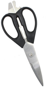 A pair of versatile kitchen shears with ergonomic handles and stainless steel blades. These multi-purpose shears also feature a convenient bottle opener and nutcracker integrated into the handle area.