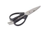 A pair of multi-purpose kitchen shears with stainless steel blades and an ergonomic handle, featuring a built-in bottle opener and nutcracker, isolated on a white background.
