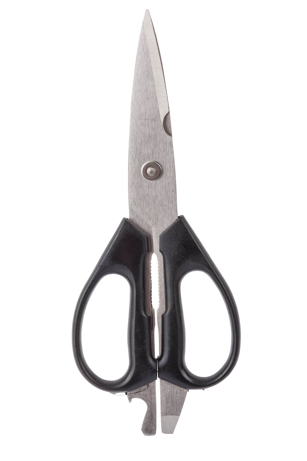 A pair of kitchen shears with stainless steel blades and an ergonomic handle, shown against a white background. Featuring a serrated section between the handles and a built-in bottle opener, the slightly open blades highlight their versatile design.