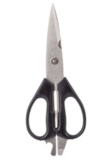 A pair of kitchen shears with stainless steel blades and an ergonomic handle, shown against a white background. Featuring a serrated section between the handles and a built-in bottle opener, the slightly open blades highlight their versatile design.