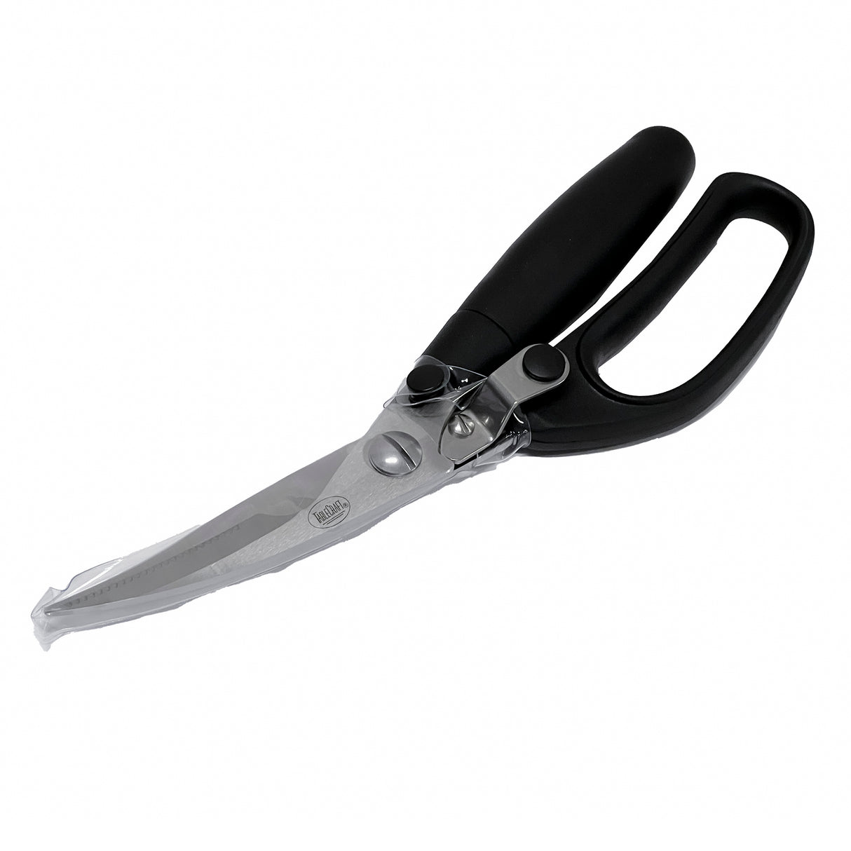 A pair of heavy-duty poultry shears with stainless steel blades and black ergonomic handles, shown on a white background. The blades are slightly curved and one handle has a large loop for a firm grip.