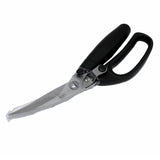 A pair of heavy-duty poultry shears with stainless steel blades and black ergonomic handles, shown on a white background. The blades are slightly curved and one handle has a large loop for a firm grip.