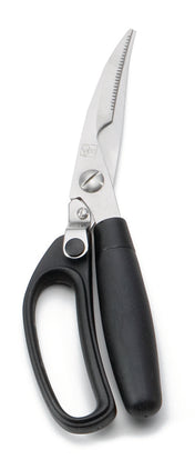 A pair of TableCraft E6607 metal kitchen shears with black, ergonomic handles. One blade is serrated, and the shears are shown closed on a white background. These spring-loaded shears are also dishwasher safe for easy cleaning.