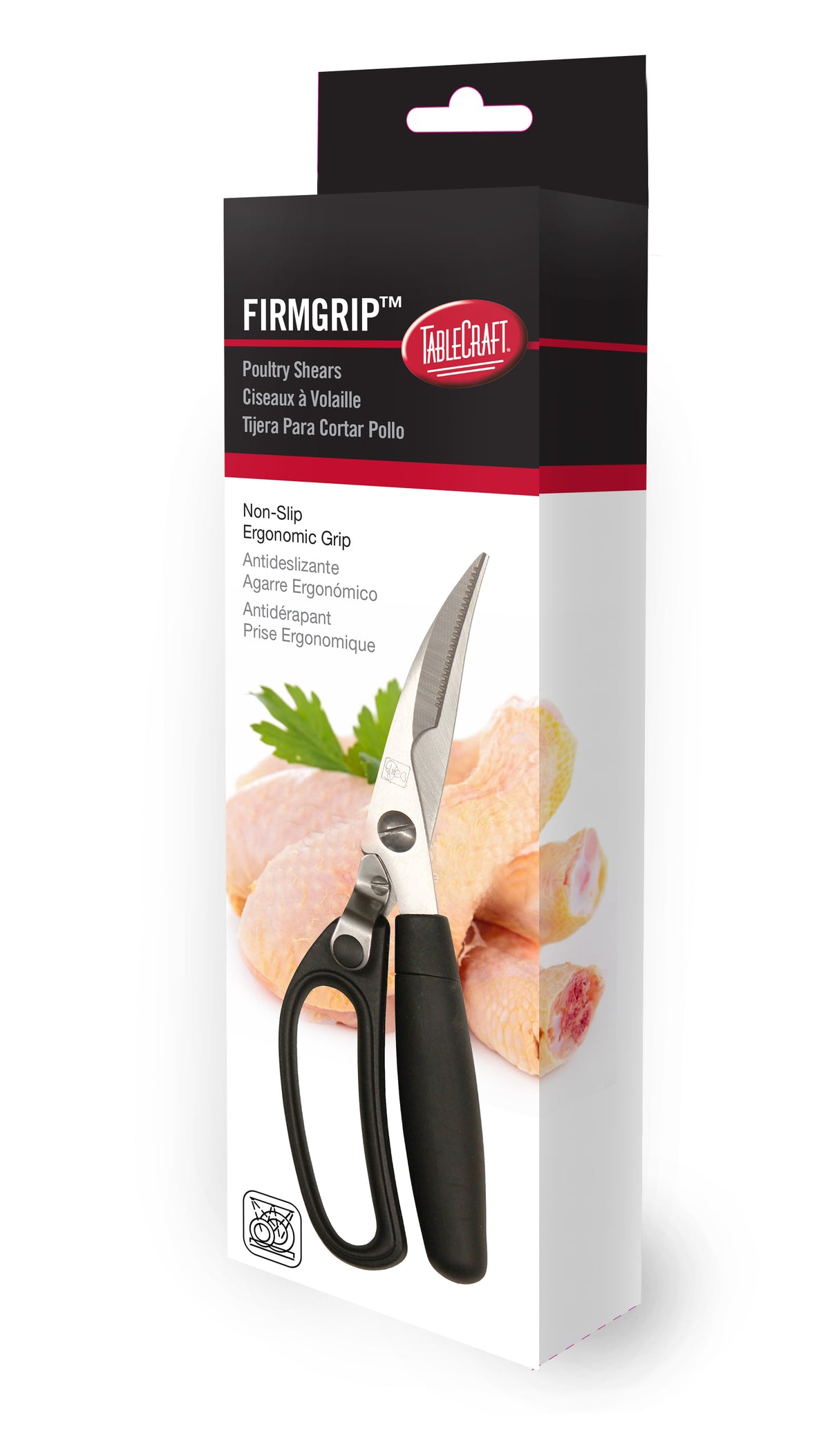 A box of TableCraft Poultry Shears is shown, featuring stainless steel blades and an ergonomic handle. The packaging displays the shears with black handles, raw chicken drumsticks in the background, and features listed in multiple languages.
