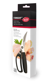 A box of TableCraft Poultry Shears is shown, featuring stainless steel blades and an ergonomic handle. The packaging displays the shears with black handles, raw chicken drumsticks in the background, and features listed in multiple languages.