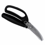 A pair of heavy-duty poultry shears with large, ergonomic black handles and stainless steel blades. The shears are slightly open, showcasing the sharp, angled blades and pivot joint against a white background.