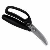 A pair of heavy-duty poultry shears with large, ergonomic black handles and stainless steel blades. The shears are slightly open, showcasing the sharp, angled blades and pivot joint against a white background.