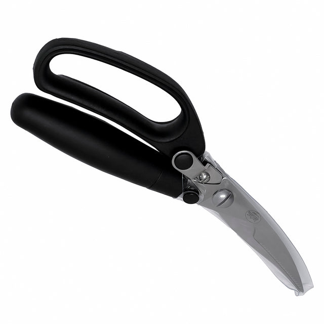 A pair of heavy-duty poultry shears with large, ergonomic black handles and stainless steel blades. The shears are slightly open, showcasing the sharp, angled blades and pivot joint against a white background.