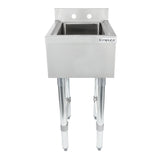 A stainless steel underbar sink with a deep rectangular 1 compartment basin, high backsplash, and two faucet holes. It stands on four sturdy cylindrical metal legs with adjustable feet. The brand name “Empura” is displayed on the top right corner.