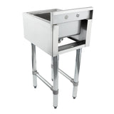 A stainless steel 1 compartment underbar sink with a deep rectangular basin and tall legs. The sink features a backsplash with two faucet holes, a bottom drain, and an open frame below that exposes plumbing and offers sturdy support.
