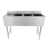 A stainless steel 3 compartment commercial sink with deep basins, a ridged drainboard on the left, sturdy legs, and a backsplash with two faucet holes—ideal as an underbar sink for industrial or restaurant kitchen use. Empura logo on right front corner.
