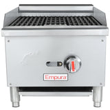 Front view of an Empura charbroiler features black grilling grates, a control knob with red markings, ON/OFF labels, and four sturdy legs. The stainless steel countertop charbroiler displays the Empura logo on the front panel.