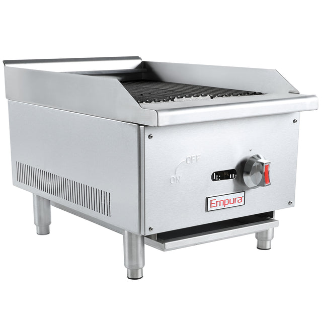 The Empura charbroiler is a stainless steel countertop charbroiler featuring a grate, sturdy legs, ventilation slits, and a red temperature control dial with clear on/off indicators—perfect for efficient grilling in any kitchen.