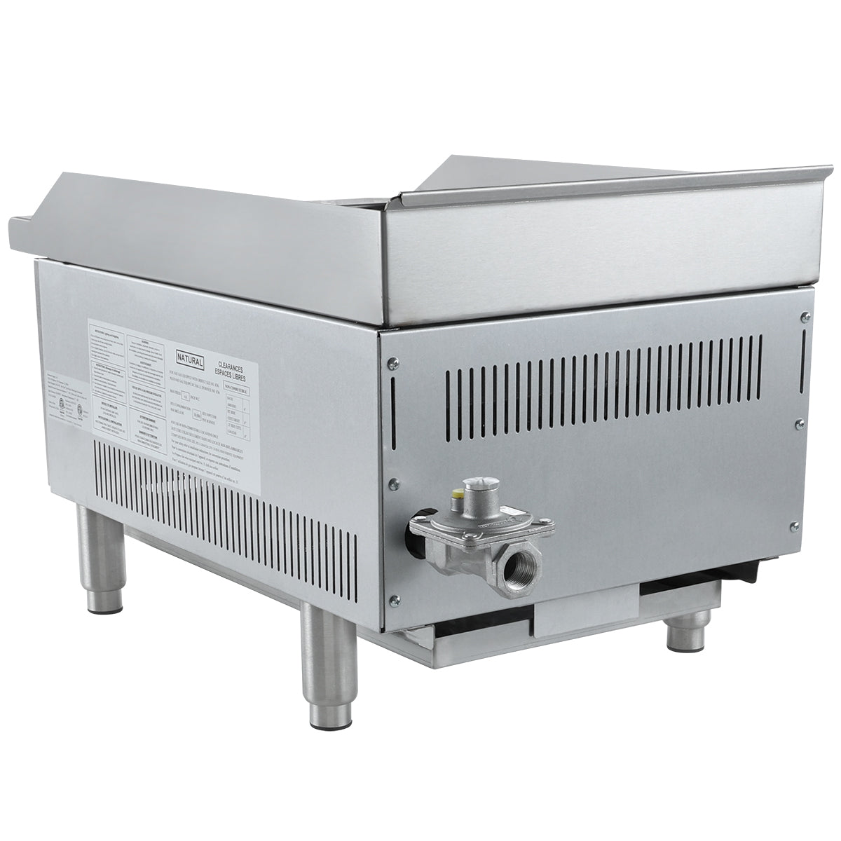 A commercial stainless steel countertop charbroiler with vented sides, raised back and side splash guards, a front control valve, and sturdy cylindrical legs. Manufacturer labels and safety instructions are visible on the left side.