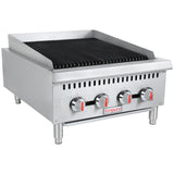 A stainless steel countertop charbroiler with three red-accented control knobs and a black ridged grilling surface. The Empura brand is on the front. This heavy duty gas charbroiler stands on four metal legs and has ventilation slots above the knobs.