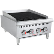 A stainless steel countertop charbroiler with three red-accented control knobs and a black ridged grilling surface. The Empura brand is on the front. This heavy duty gas charbroiler stands on four metal legs and has ventilation slots above the knobs.