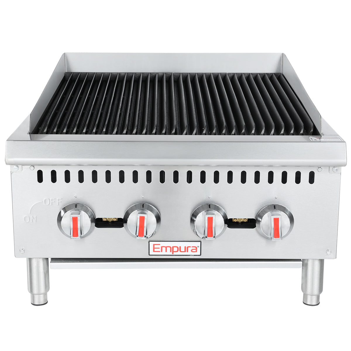 A stainless steel countertop charbroiler with four red and silver control knobs, black grilling grates on top, vent holes, and the Empura brand label on the front. This heavy duty gas charbroiler stands on four sturdy metal legs.