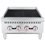 A stainless steel countertop charbroiler with four red and silver control knobs, black grilling grates on top, vent holes, and the Empura brand label on the front. This heavy duty gas charbroiler stands on four sturdy metal legs.