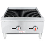 A stainless steel Empura gas charbroiler with two red-and-silver control knobs, raised ridged grill surface, and sturdy legs. The Empura logo is displayed on the front panel of this commercial countertop charbroiler.