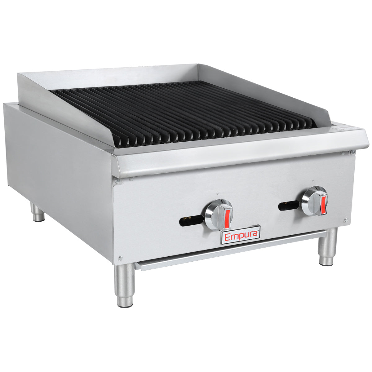 This Empura charbroiler is a stainless steel gas countertop charbroiler with black grill grates, two red-accented temperature knobs, four short legs, and high side and back splashes. The front panel features the Empura brand logo.