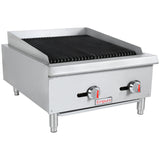 This Empura charbroiler is a stainless steel gas countertop charbroiler with black grill grates, two red-accented temperature knobs, four short legs, and high side and back splashes. The front panel features the Empura brand logo.