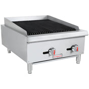 This Empura charbroiler is a stainless steel gas countertop charbroiler with black grill grates, two red-accented temperature knobs, four short legs, and high side and back splashes. The front panel features the Empura brand logo.