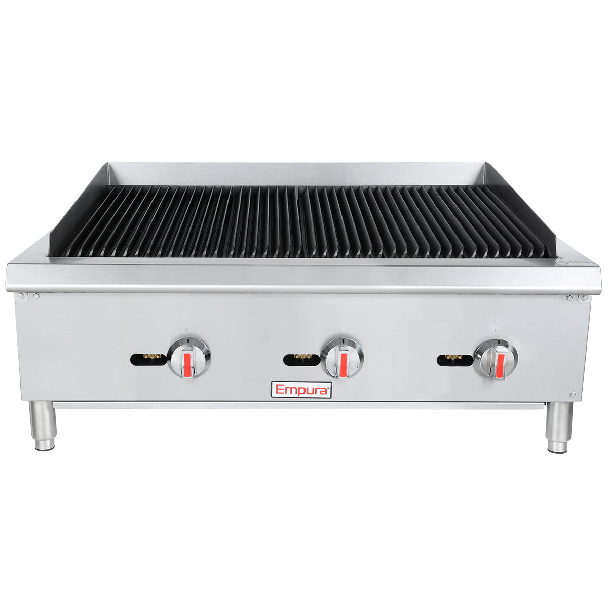 The Empura charbroiler is a stainless steel commercial countertop charbroiler with three control knobs. It features parallel black grill grates, four sturdy metal legs, and a clean, durable design ideal for any kitchen.