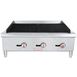 The Empura charbroiler is a stainless steel commercial countertop charbroiler with three control knobs. It features parallel black grill grates, four sturdy metal legs, and a clean, durable design ideal for any kitchen.