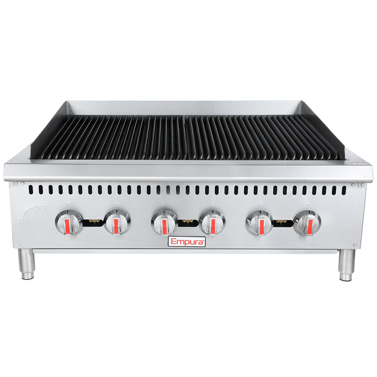 A heavy duty countertop charbroiler made of stainless steel, featuring four red-tipped control knobs, a raised ridged grilling surface, and short metal legs, is viewed from the front against a white background.