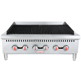 A heavy duty countertop charbroiler made of stainless steel, featuring four red-tipped control knobs, a raised ridged grilling surface, and short metal legs, is viewed from the front against a white background.