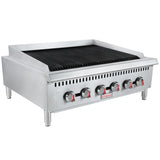 A heavy duty gas charbroiler with four control knobs, each with red markings, sits on four legs. The countertop charbroiler features black grates, front ventilation holes, and the Empura logo centered on the panel.