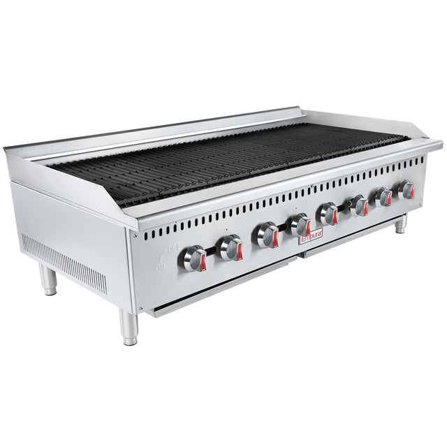A heavy duty gas charbroiler with a stainless steel body, eight red and black control knobs, black grill grates, and short sturdy legs. This countertop charbroiler is perfect for grilling food in a professional kitchen or restaurant setting.