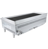 A heavy duty gas charbroiler with control knob, vented sides, grilling surface, and four short legs, designed for countertop use in restaurants or kitchens. The front and sides feature ventilation slits plus a label with instructions.