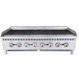 A large commercial stainless steel countertop charbroiler with eight red-and-silver control knobs, sturdy legs, and a raised grill surface. The brand Empura is labeled in red at the center of the clean, industrial front panel.