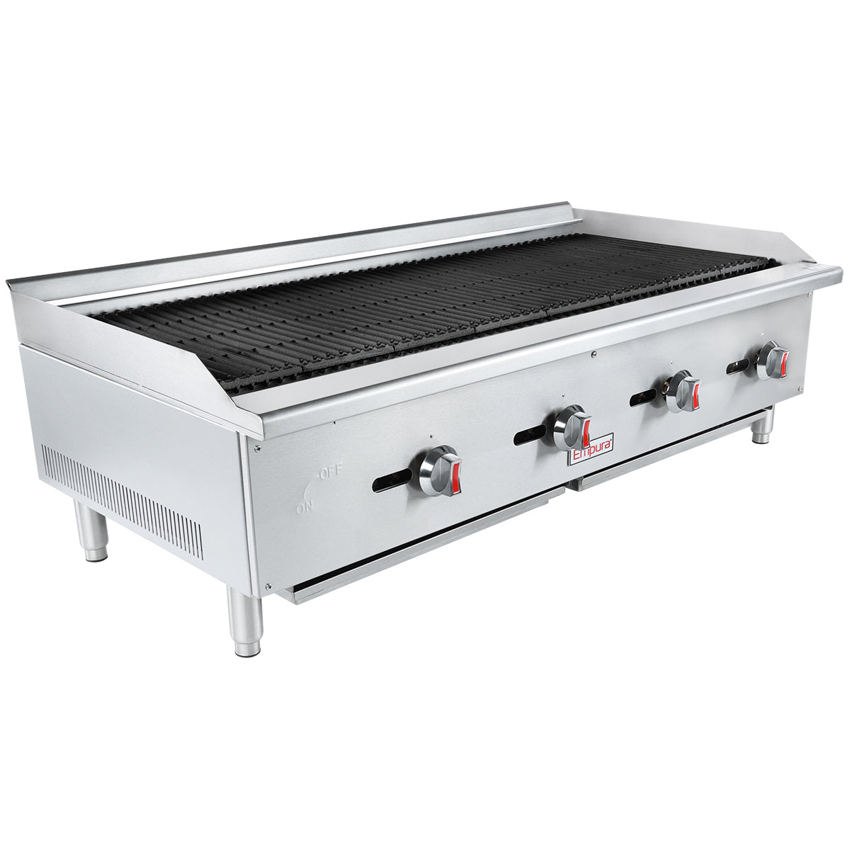 A commercial stainless steel gas charbroiler with four control knobs on the front, raised sides, a slotted grilling surface, and sturdy legs. The brand name “Cecilware” is visible near the center knob.